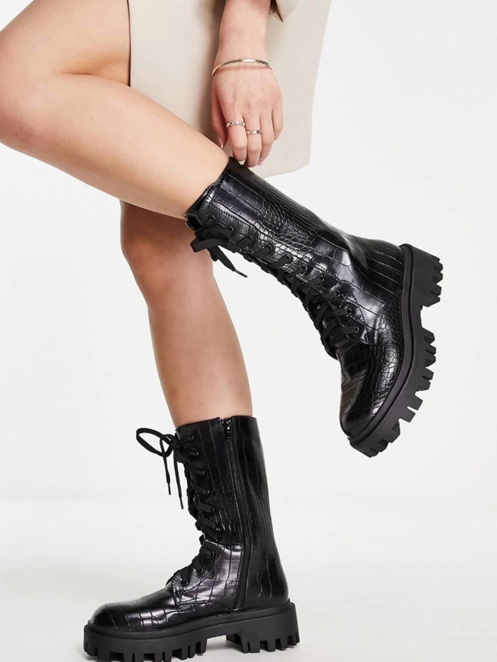 Public Desire Black Croc-Embossed Lace-Up Biker Boots